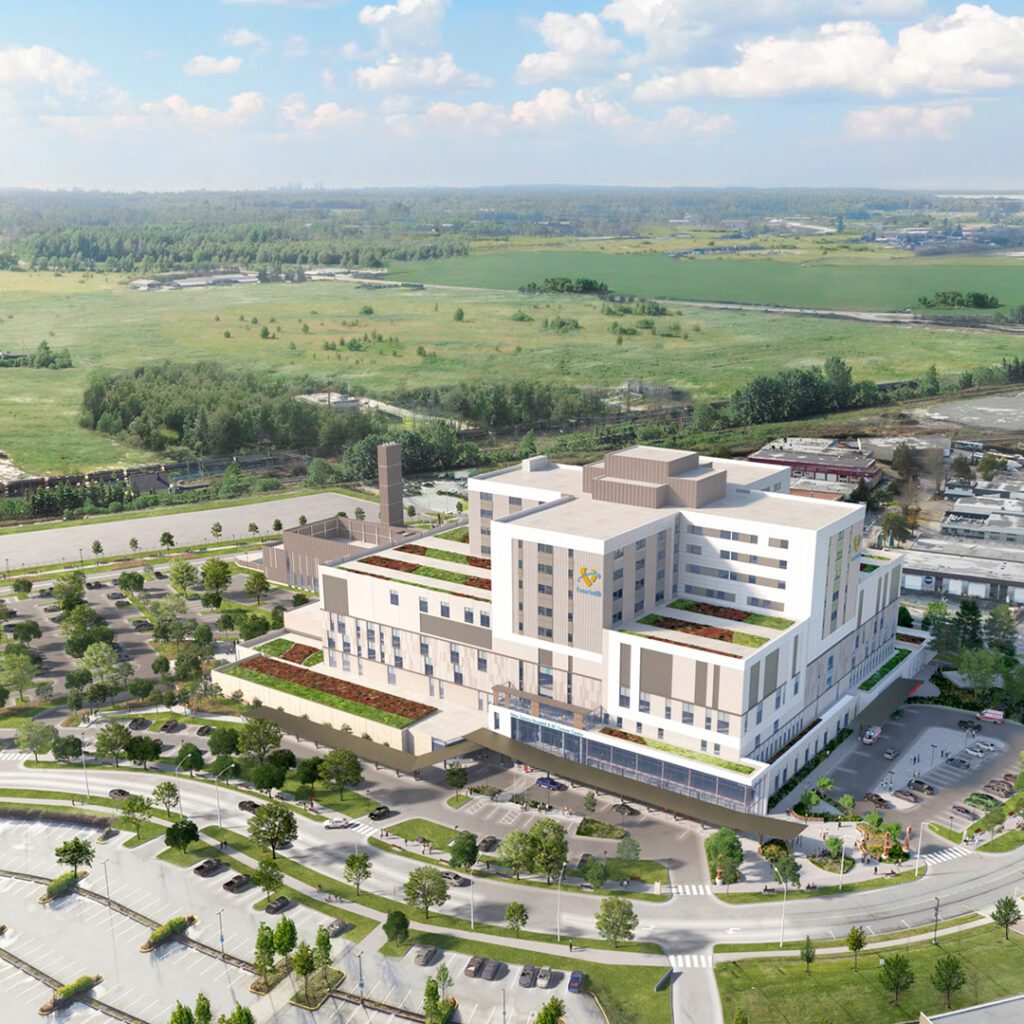 a rendering of the outside of the new surrey hospital and the surrounding area in cloverdale